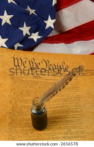 Vertical flag, Constitution of the USA and Quill Pen in Inkwell