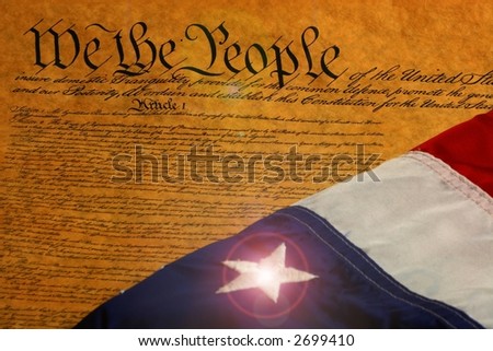 Shining star on flag and United States Constitution
