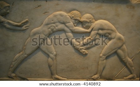 Ancient Greek Bas relief of men wrestling