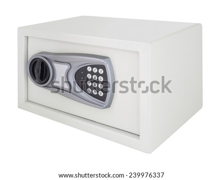 Numeric code steel safe box on white background.