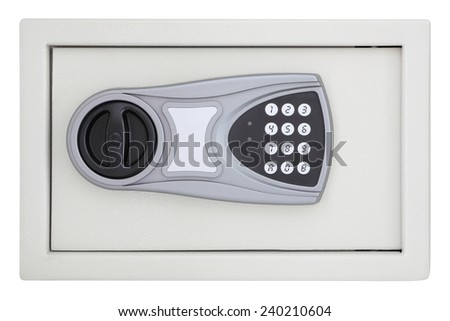 Front numeric code steel safe box on white background.