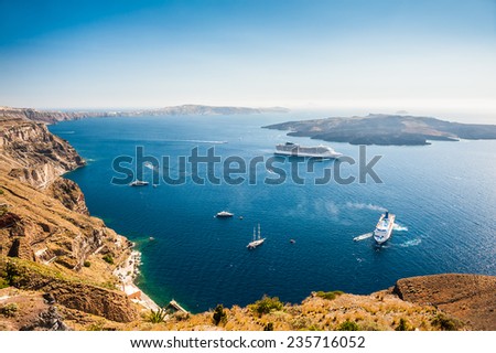 Cruise liners near the Greek Islands. Beautiful landscape with sea view. Santorini island, Greece