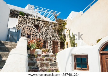 National greek architecture in Fira town. Santorini island, Greece.