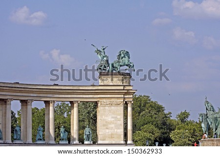 BUDAPEST-JULY 20: Tourists visit Millennium Monument in Heroes Square on 20 July 2013 in Budapest, Hungary. This square has been UNESCO World Heritage site since 2002.
