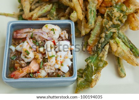 Seafood salad with fired vegetable as clean food good taste