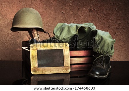Vintage army with blackboard helmet and jungle boots