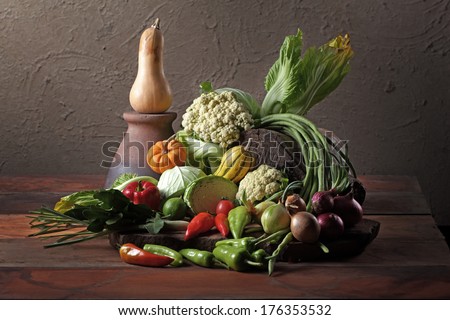 Still life art photography on raw mixed vegetables