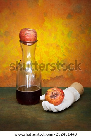 Apple wine juice expired with time still life style on grunge background