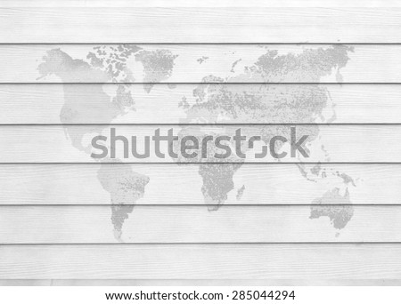Pale wood panel white texture background with continents map stamp