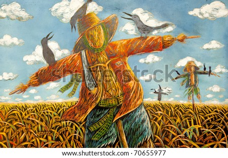 Wood cut and painting art work illustrated puppets standing in rice field with crows.