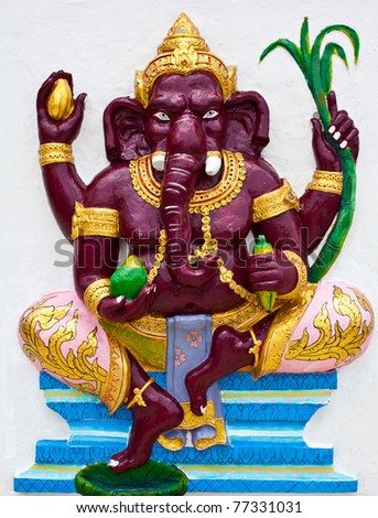 Indian God Ganesha avatar image in stucco low relief technic with vivid color,Wat Samarn, Chachoengsao,Thailand.