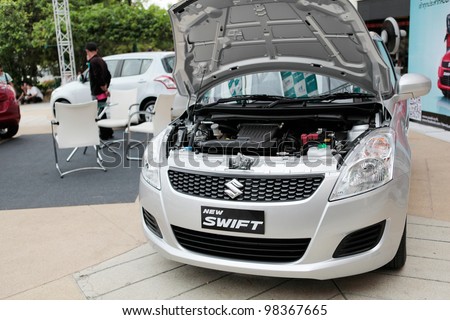 NAKHONRATCHASIMA,THAILAND-MARCH,24: Susuki New Swift with opened engine room on display at the Northeast Motor Show,March 24,2012 at the Mall department store in Nakhonratchasima,Thailand.