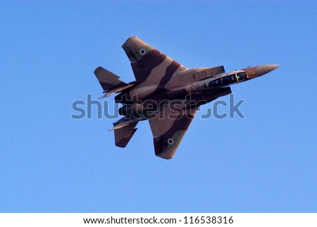BEERSHEBA-JUNE 28: McDonnell Douglas F-15E Strike Eagle fly above Hatzerim Air Force base near Beersheba, Israel on June 28, 2007.It can carrying out deep strikes against enemy high value targets.