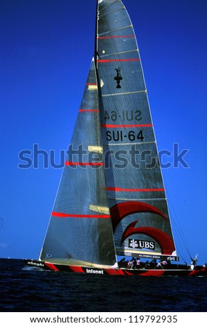 AUC - MARCH 1:Team Alinghi sails it yacht during the Americas cup of 2003 on March 01 2003 in Auckland New Zealand.It was contested between Team NZ and the winner of the 2003 Louis Vuitton Cup Alinghi
