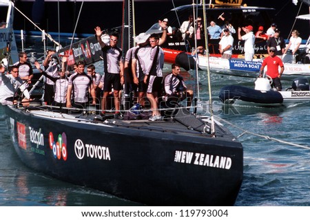 AUCKLAND - MARCH 1:Team NZ sails it yacht during the Americas cup of 2003 on March 01 2003 in Auckland New Zealand.It was contested between Team NZ and the winner of the 2003 Louis Vuitton Cup Alinghi