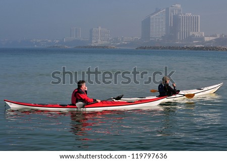 HERZLIYA - FEB 10: Sea Kayaking on February 10 2010 in Herzliya, Israel.Kayaks can be useful for many outdoor activities such as fishing, wilderness exploration and search and rescue during floods.