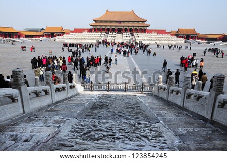 BEIJING - MARCH 11:Visitors at the The Forbidden City on March 11 2009 in Beijing,China.The Forbidden City is China\'s top tourist attraction, drawing more than 7 million visitors a year.