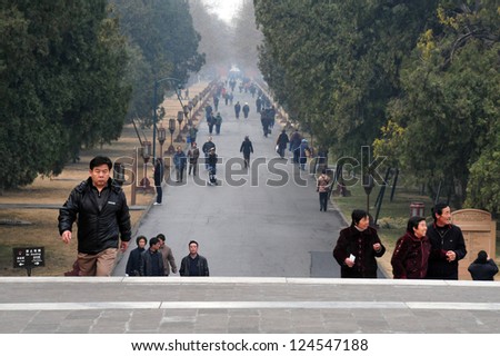 BEIJING-MARCH 15:Chinese people visit at the Temple of Heaven park on Mar 15 2009 in Beijing, China.In 1918 the temple was turned into a park and for the first time open to the public