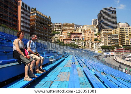 MONACO - MAY 07:Spectator sit on audience stage for formula 1 one racing in Monaco.of 2008 on May 07 2008 in Monaco.Formula One motor race run since 1929 and held each year on the Circuit de Monaco.