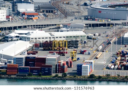 WELLINGTON - MAR 04 2013:Aerial view of CentrePort Wellington.It\'s New Zealand\'s most strategically situated intermodal hub, road, rail, domestic and international shipping services.