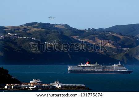 WELLINGTON - FEB  23:A cruise ship near Wellington, New Zealand on Feb 23 2013.Wellington has approximately 540,000 international visitors each year, who spend $436 million each year.