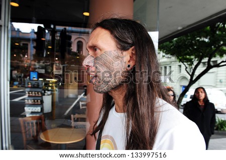 AUCKLAND - APRIL 19:Maori man with face Moko  on April 19 2012 in Auckland New Zealand.Ta Moko is a form of tattoo  signified rank, status and also appeal to the opposite sex for the Maori people