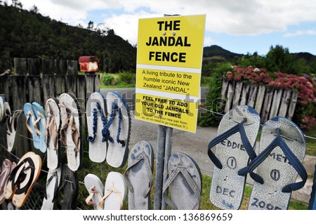 KAEO,NZ - FEB 06:The iconic jandal fence on February 06 2009 in Kaeo, New Zealand. It's a tribute to the New Zealand Jandal that is worn by a large percent of the New Zealand people.