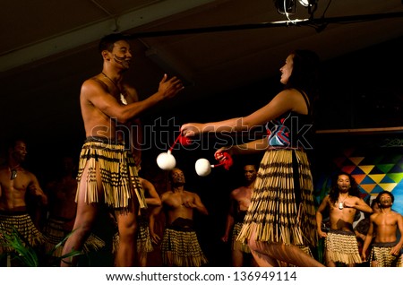 WAITANGI - FEB 6:Maori people sing and dance during Waitangi Day on February 6 2013 in Waitangi NZ.It\'s a New Zealand public holiday to celebrate the signing of the Treaty of Waitangi in 1840.