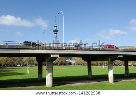 AUCKLAND - MAY 27:Cars on State Highway 1 motorway above Victoria Park on May 27 2013.The bridge is considered \