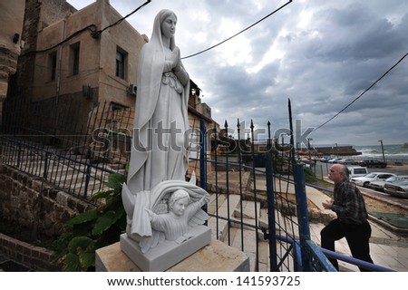 ACRE,ISRAEL - DEC 13 2009:Christian Catholic statues of Maria.According to the Israeli Central Bureau of Statistics from 46,300 citizens in Acre 67% are Jewish 25% Muslims and 2.5% are Christian Arabs