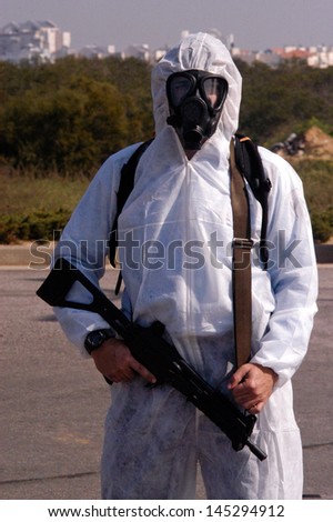 ASHKELON,ISR - JAN 22:Israeli soldier during chemical and biological warfare exercise on Jan 22 2006.Since 1960 Israel has been under constant threat from Arab states mass destruction weapons.