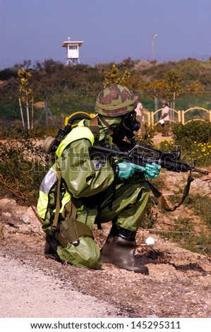ASHKELON,ISR - JAN 22:Israeli soldier during chemical and biological warfare exercise on Jan 22 2006.Since 1960 Israel has been under constant threat from Arab states mass destruction weapons.