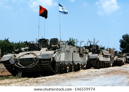 NORTH ISRAEL - JULY 26:Israeli M113 armored personnel carriers on Israel Lebanon border on July 26 2006. In the conflict 165 Israelis where killed and 500,000 displaced.