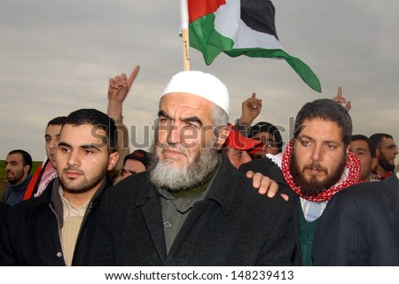 EREZ CROSSING, ISR - JAN 22:Raed Salah abu shakra and supporters on Jan  22 2008. He is the leader of the northern branch of the Islamic Movement in Israel.