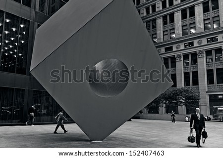 NEW YORK CITY - OCT 09:The Red Cube.It was created by the Japanese American artist and landscape architect Isamu Noguchi in 1968. today is one of the most famous culture symbols of Manhattan.