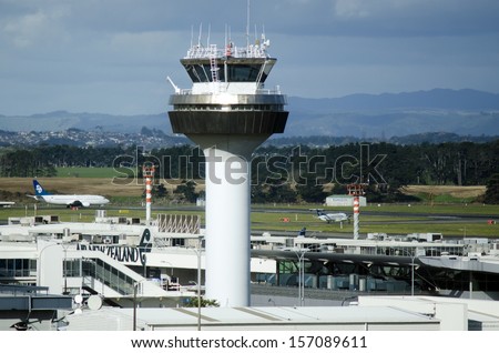 AUCKLAND - SEP 15:Auckland International Airport control tower on Sep 15 2013.It\'s the largest and busiest airport in New Zealand with 14,006,122 passengers in 2011