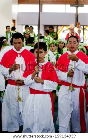 RAROTONGA - SEP 16:Sunday service at Saint Josephs Cathedral on Sep 16 2013.Saint Josephs Cathedral is the only Catholic Cathedral in the Cook Islands.