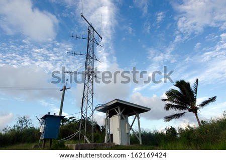 AITUTAKI - SEP16:Aerial TV and radio station antennas on top of Maunga Pu hill on Sep 17 2013.It\'s the hights point in Aitutaki Lagoon only 123 metres high.