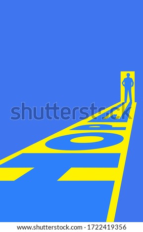 One person standing at a door while a shadow in a shape of the word hope lights the darkness. Concept of a light at the end of the tunnel positive outcome. Vector illustration. No people. Copy space