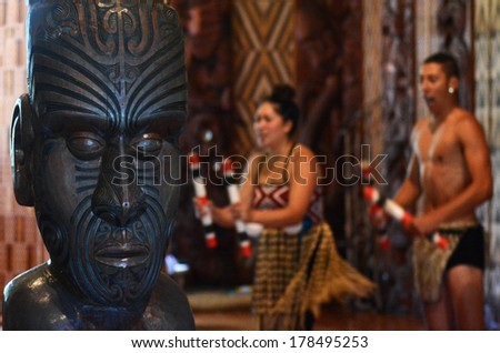 WAITANGI, NZ - FEB 06:Maori people sing and dance during Waitangi Day on February 6 2014 in Waitangi NZ.It\'s a New Zealand public holiday to celebrate the signing of the Treaty of Waitangi in 1840.