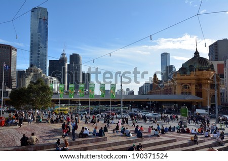 MELBOURNE - APR 13 2014:General vie of Federation Square.It located at the heart of MelbourneÃ?Â??s CBD with size of an entire city block.It\'s home to major cultural attractions and world-class events.