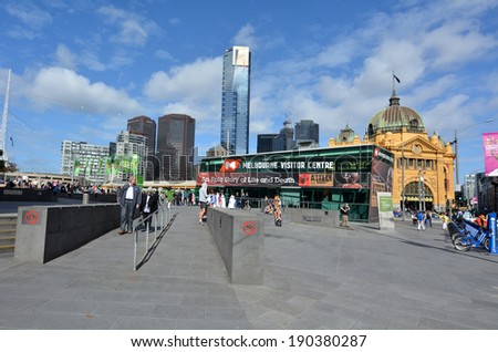 MELBOURNE - APR 13 2014:General vie of Federation Square.It located at the heart of MelbourneÃ?Â??s CBD with size of an entire city block.It\'s home to major cultural attractions and world-class events.