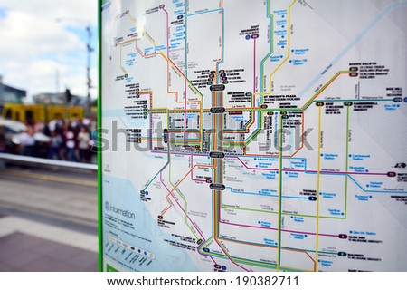 MELBOURNE, AUS - APR 13 2014:Melbourne tramway Map.It\'s the largest urban tramway network in the world. The network consisted of 250 km (155.3 mi) of track, 487 trams, 30 routes and 1,763 tram stops