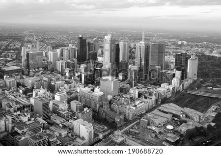 MELBOURNE - APR 14, 2014:Aerial view of Melbourne Victoria, Australia.Melbourne have population and employment growth with international investment in the city\'s industries and property market.