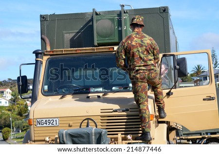 CABLE BAY, NZL - SEP 03 2014:New Zealand Army soldiers. New Zealand personnel served in the First Gulf War, Iraq and are currently serving in Afghanistan and several UN and other peacekeeping missions