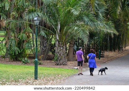 BRISBANE, AUS - SEP 24 2014:Couple walking a dog at Brisbane City Botanic Gardens.The Gardens include many rare and unusual botanic species of plants, flowers and trees.