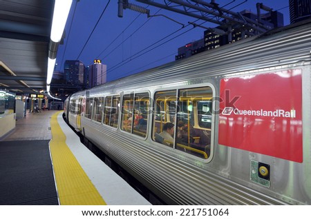 BRISBANE, AUS - SEP 23 2014:Passengers in Queensland Rail train car.Queensland Rail have 48.5 million customer journeys on the City network (south-east Queensland) per year