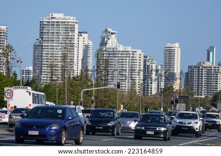 SURFERS PARADISE - SEP 30 2014:Heavy traffic in Surfers Paradise.It one of Australia\'s iconic coastal tourist destinations, drawing about 10 million tourists every year from all over the world.