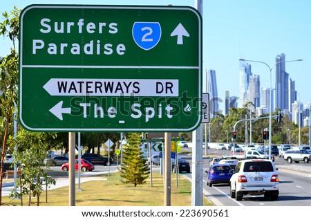 SURFERS PARADISE - OCT 13 2014:Heavy traffic in Surfers Paradise.It one of Australia\'s iconic coastal tourist destinations, drawing about 10 million tourists every year from all over the world.