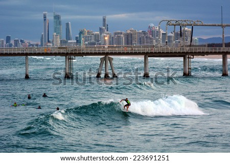 GOLD COAST - OCT 10 2014: Surfers in the Spit beach.It is a very popular surfing beach in Surfers Paradise Gold Coast Queensland, Australia.